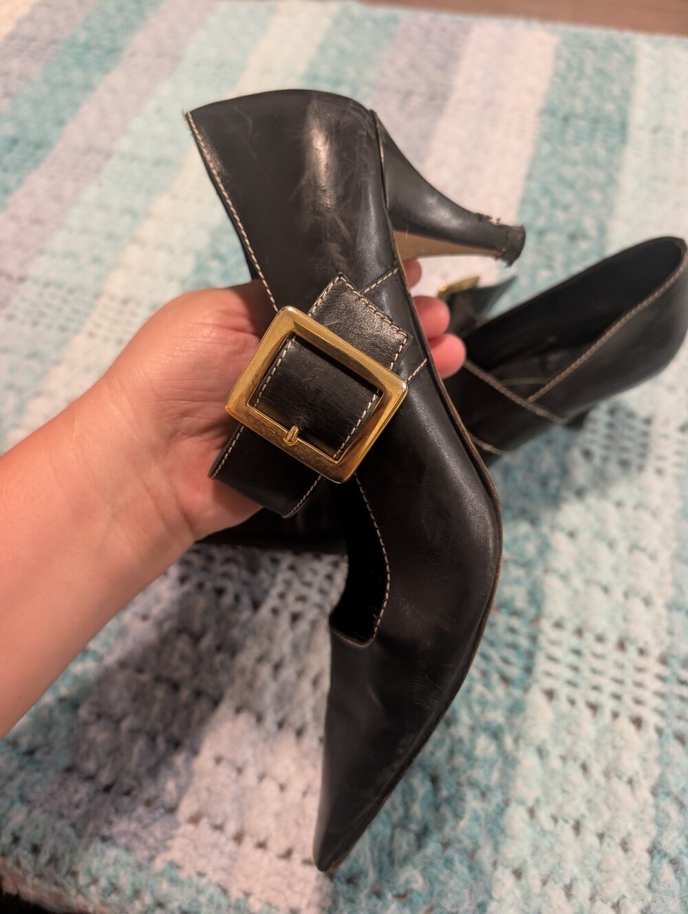 kate Spade Classic Black Pointed Mary Jane Pumps with Gold Buckle Size 8.5